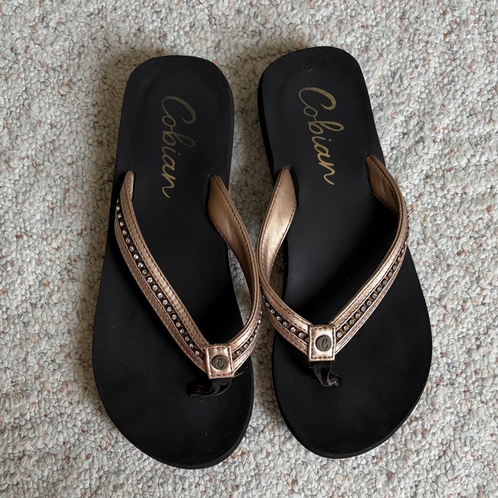Cobian Black Flip Sandals with Metallic Bronze Straps